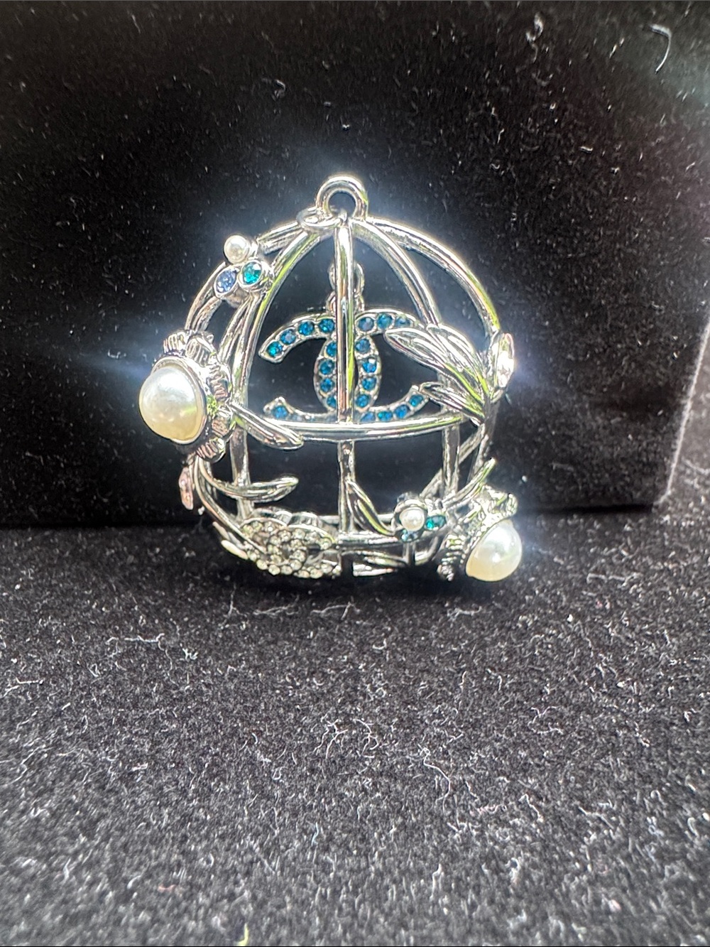 Pendent Silver-Tone Blue Crystal & Faux Pearl Birdcage Pendant